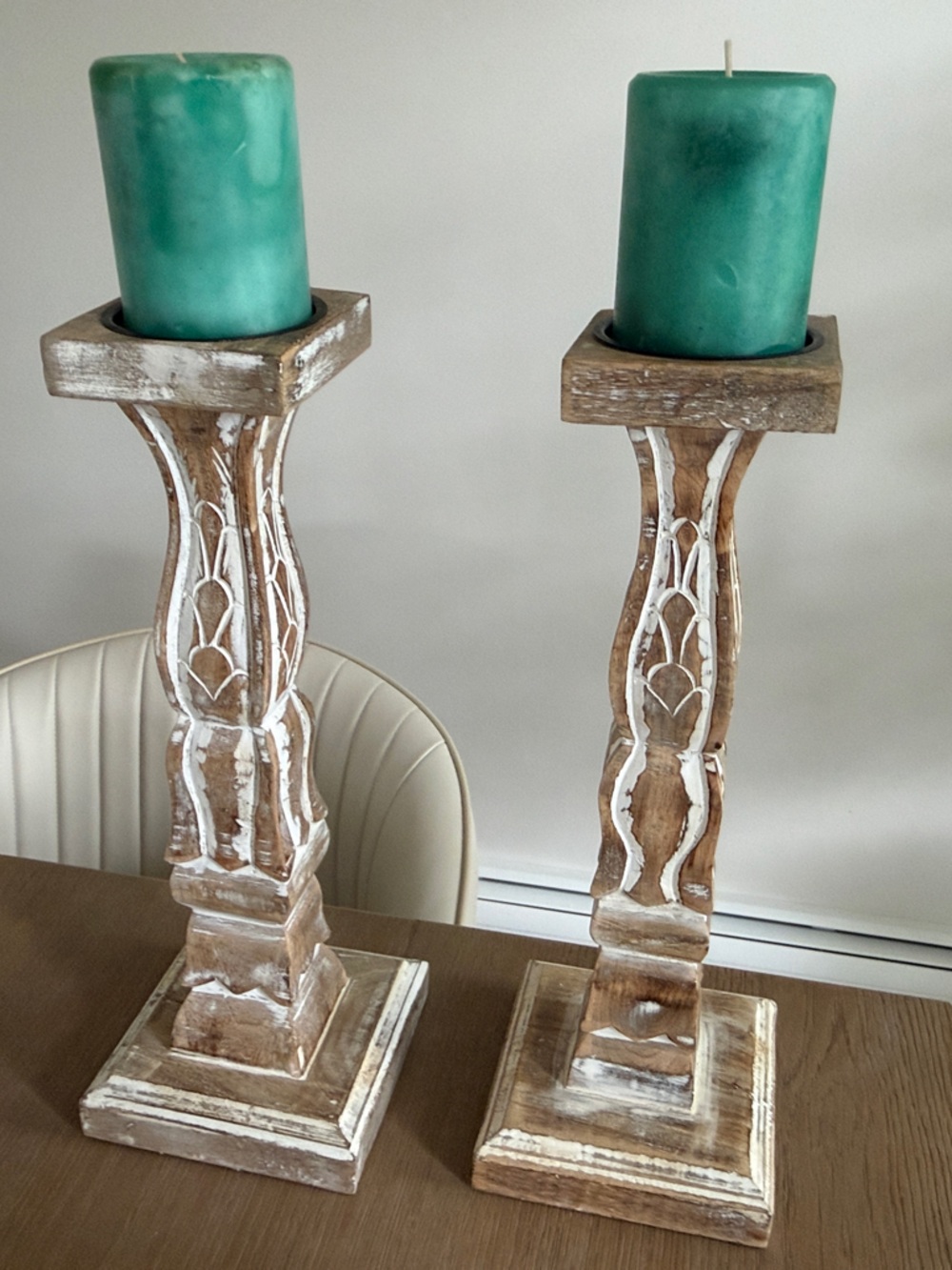 Pair of Distressed Wood Candlesticks with Teal Green Pillar Candles